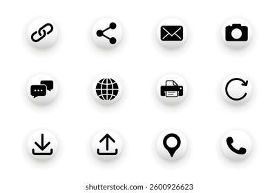 Solid vector icon set with media, share, call, location, printer, camera icons.