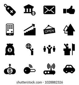 Solid vector icon set - medical label vector, account, mail, like, mobile, growth, open, arrow up, money bag, world, team leader, speaker, dollar, wireless key, wi fi router, car