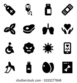 Solid vector icon set - medical label vector, drop counter, pills bottle, patch, three leafs, meat, lungs, heart care, disabled, virus, sun, mobile monitor, banana, milk, eggs, x ray