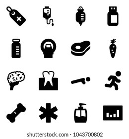 Solid vector icon set - medical label vector, drop counter, pills bottle, vial, mri, meat, carrot, brain, tooth, push ups, run, broken bone, ambulance star, liquid soap, statistics