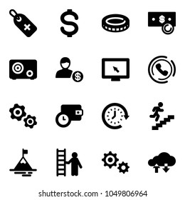 Solid vector icon set - medical label vector, dollar, coin, cash, safe, account, monitor cursor, phone horn, gears, wallet time, clock around, career, mountain, opportunity, gear