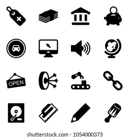 Solid vector icon set - medical label vector, dollar, bank, piggy, no car road sign, monitor cursor, volume max, globe, open, solution, conveyor, link, hdd, trowel, pencil, beanbag