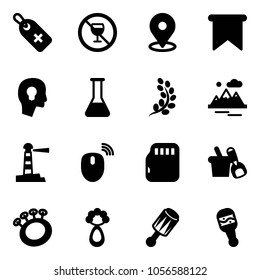 Solid vector icon set - medical label vector, no alcohol sign, map pin, flag, head bulb, flask, golden branch, mountains, lighthouse, mouse wireless, micro flash card, shovel bucket, beanbag