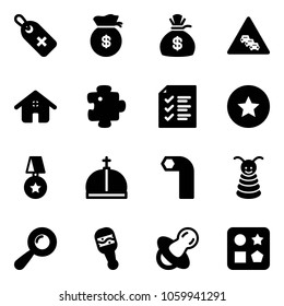 Solid vector icon set - medical label vector, money bag, multi lane traffic road sign, home, puzzle, list, star medal, crown, allen key, pyramid toy, beanbag, soother, cube hole