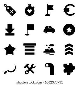 Solid vector icon set - medical label vector, stopwatch heart, flag, euro, download, car, star medal, jalousie, mountains, chevron, sickle, wrench hammer, allen key, puzzle