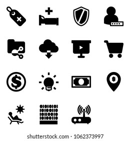 Solid vector icon set - medical label vector, hospital bed, shield, user password, shared folder, download cloud, presentation board, cart, dollar, bulb, money, atm map pin, beach, binary code