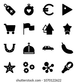 Solid vector icon set - medical label vector, stopwatch heart, euro, play, cart, flag, arrow up, star medal, luck, crown, limousine, banana, starfish, flower, molecule, beanbag