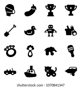 Solid Vector Icon Set - Medical Mask Vector, Eggplant, Win Cup, Gold, Shovel, Duck Toy, Robot, Bucket, Beanbag, Elephant Wheel, Car, Boat, Cat, Water Gun