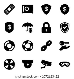 Solid vector icon set - medical patch vector, safe, insurance, locked, shield check, lifebuoy, link, key hand, parasol, surveillance camera, protective glasses