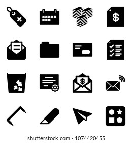 Solid vector icon set - medical label vector, schedule, big cash, account statement, opened mail, folder, envelope, list, garbage, certificate, dollar, wireless, staple, work knife, paper plane