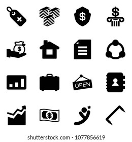 Solid vector icon set - medical label vector, big cash, safe, bank, investment, home, document, community, statistics, case, open, contact book, growth, money, flying man, staple