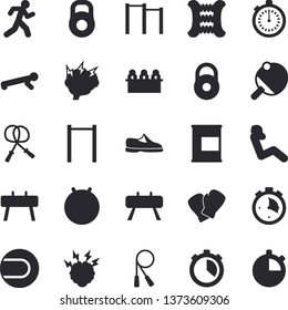 Solid vector icon set - meeting flat vector, brainstorm, weight, sneakers, stopwatch, skipping rope, carpal expander, parallel bars, sports equipment horse, tennis ball, fitball, boxing gloves, run