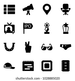 Solid vector icon set - menu vector, telescope, map pin, office chair, tv news, ipo, award, luck, victory, sunglasses, swimsuit, cap, terms plan, cpu, chip