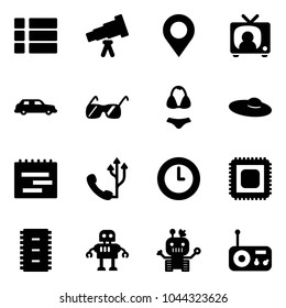 Solid vector icon set - menu vector, telescope, map pin, tv news, limousine, sunglasses, swimsuit, woman hat, terms plan, phone, clock, cpu, chip, robot, radio
