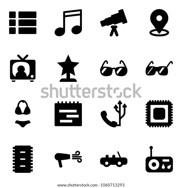 Solid vector icon set - menu vector,
music, telescope, map pin, tv news, award, sunglasses, swimsuit,
terms plan, phone, cpu, chip, dryer, toy car,
radio