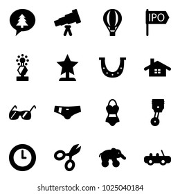 Solid vector icon set - merry christmas message vector, telescope, air balloon, ipo, award, luck, home, sunglasses, swimsuit, piston, clock, scissors, elephant wheel, toy car