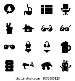 Solid vector icon set - merry christmas message vector, stomach, menu, office chair, victory, home, sunglasses, swimsuit, beer, chip, dryer, elephant wheel, robot