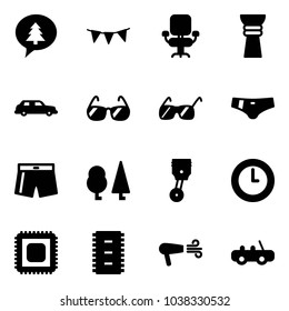 Solid vector icon set - merry christmas message vector, flag garland, office chair, award, limousine, sunglasses, swimsuit, forest, piston, clock, cpu, chip, dryer, toy car