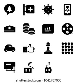 Solid vector icon set - merry christmas message vector, first aid room, virus, mobile heart monitor, doctor hat, coin, statistics report, film coil, car, finger up, pawn, circuit, jig saw, welding