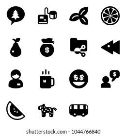 Solid vector icon set - merry christmas message vector, tonometer, three leafs, lemon slice, pear, money bag, shared folder, fast backward, manager, green tea, smile, dialog, watermelone, toy horse