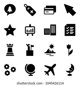 Solid vector icon set - merry christmas message vector, medical label, credit card, cursor, star, presentation chart, building, list, chess tower, win, pyramid, tulip, flower, globe, plane