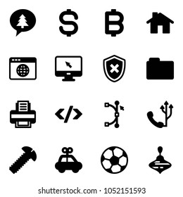 Solid vector icon set - merry christmas message vector, dollar sign, bitcoin, home, browser globe, monitor cursor, shield cross, folder, printer, tag code, bezier, phone, screw, car toy, soccer ball