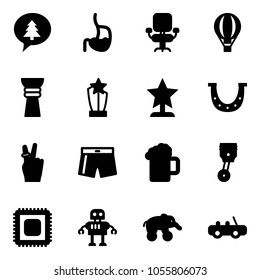 Solid vector icon set - merry christmas message vector, stomach, office chair, air balloon, award, luck, victory, swimsuit, beer, piston, cpu, robot, elephant wheel, toy car
