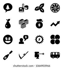 Solid vector icon set - merry christmas message vector, tonometer, three leafs, lemon slice, pear, big cash, money bag, growth arrow, smile, dialog, sun power, atom core, chisel, scythe, laser lever