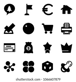 Solid vector icon set - merry christmas message vector, flag, euro, home, check, record, cart, printer, schedule, money bag, star medal, crown, molecule, atom core, cube toy, soother