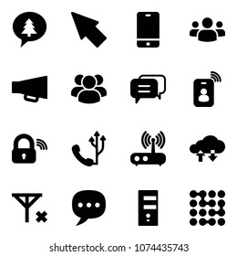 Solid vector icon set - merry christmas message vector, cursor, phone, group, loudspeaker, dialog, identity card, wireless lock, wi fi router, cloud exchange data, no signal, chat, server, circuit