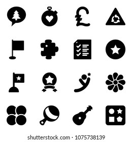 Solid vector icon set - merry christmas message vector, stopwatch heart, pound, round motion road sign, flag, puzzle, list, star medal, flying man, flower, atom core, beanbag, guitar, cube hole toy
