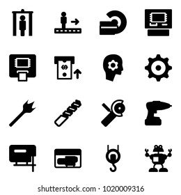 Solid vector icon set - metal detector gate vector, travolator, mri, atm, brain work, gear, wood drill, Angular grinder, jig saw, generator, winch, robot