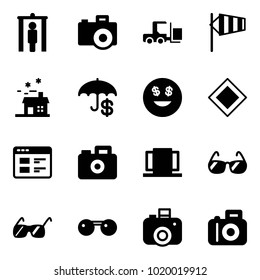 Solid vector icon set - metal detector gate vector, camera, fork loader, side wind, house, insurance, dollar smile, main road sign, website, doors, sunglasses