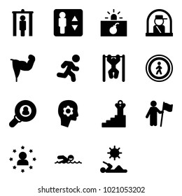 Solid vector icon set - metal detector gate vector, elevator, terrorism, officer window, power hand, run, pull ups, no pedestrian road sign, head hunter, brain work, success, win, star man, swimming