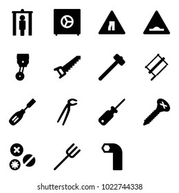 Solid vector icon set - metal detector gate vector, safe, Road narrows sign, artificial unevenness, piston, saw, sledgehammer, bucksaw, chisel, plumber, screwdriver, screw, rivet, farm fork