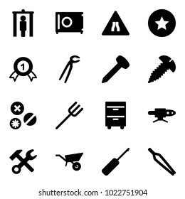 Solid vector icon set - metal detector gate vector, safe, Road narrows sign, star medal, gold, plumber, nail, screw, rivet, farm fork, tool cabinet, pipe welding, wrench hammer, wheelbarrow, awl
