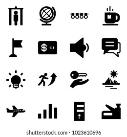 Solid vector icon set - metal detector gate vector, globe, garland, tea, flag, credit card, low volume, chat, bulb, career, key hand, pyramid, plane, chart, server, stapler