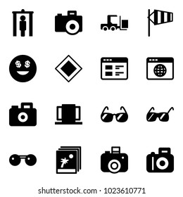 Solid vector icon set - metal detector gate vector, camera, fork loader, side wind, dollar smile, main road sign, website, browser globe, doors, sunglasses, photo