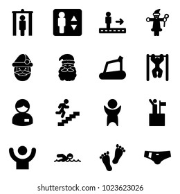 Solid vector icon set - metal detector gate vector, elevator, travolator, santa claus, treadmill, pull ups, manager, career, success, win, swimming, feet, swimsuit