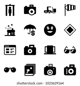 Solid vector icon set - metal detector gate vector, camera, fork loader, side wind, house, dollar smile, main road sign, website, doors, sunglasses, photo