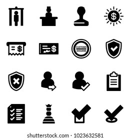 Solid vector icon set - metal detector gate vector, recieptionist, stamp, dollar sun, receipt, check, customs road sign, shield, cross, user login, clipboard, list, chess queen