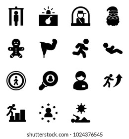 Solid vector icon set - metal detector gate vector, terrorism, officer window, santa claus, cake man, power hand, run, abdominal muscles, no pedestrian road sign, head hunter, manager, career, star