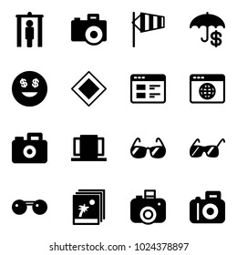 Solid vector icon set - metal detector gate vector, camera, side wind, insurance, dollar smile, main road sign, website, browser globe, doors, sunglasses, photo