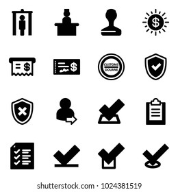 Solid vector icon set - metal detector gate vector, recieptionist, stamp, dollar sun, receipt, check, customs road sign, shield, cross, user login, clipboard, list