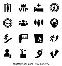 Solid vector icon set - metal detector gate vector, vip, hospital bed, no pedestrian road sign, cart horse, group, man globe, career, presentation, garbage, winner, win, flying, feet