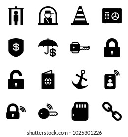 Solid vector icon set - metal detector gate vector, officer window, road cone, safe, insurance, key, locked, unlocked, passport, anchor, identity card, wireless lock, micro flash, link