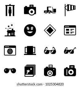 Solid vector icon set - metal detector gate vector, camera, fork loader, side wind, house, dollar smile, main road sign, website, browser globe, doors, sunglasses, photo