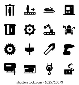 Solid vector icon set - metal detector gate vector, travolator, snowmobile, atm, gear, conveyor, robot, saw disk, crown drill, tile, jig, generator, winch, welding