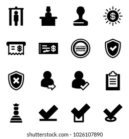 Solid vector icon set - metal detector gate vector, recieptionist, stamp, dollar sun, receipt, check, customs road sign, shield, cross, user login, clipboard, chess queen