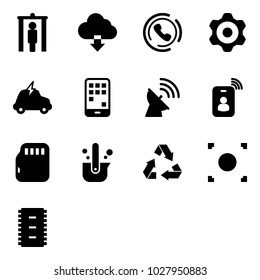 Solid vector icon set - metal detector gate vector, download cloud, phone horn, gear, electric car, mobile, satellite antenna, identity card, micro flash, casting of steel, recycling, record button